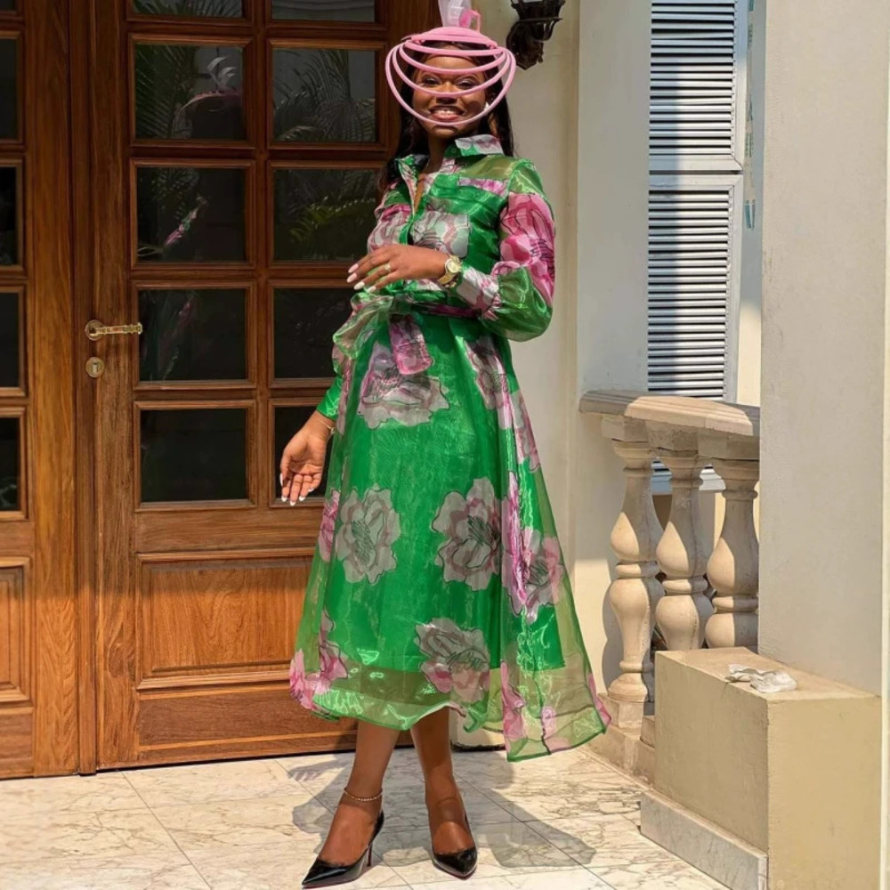 ZARA Stylish Fit Tie Waist Printed Dress and African Sheer Blouse Set - Picture 5 of 6